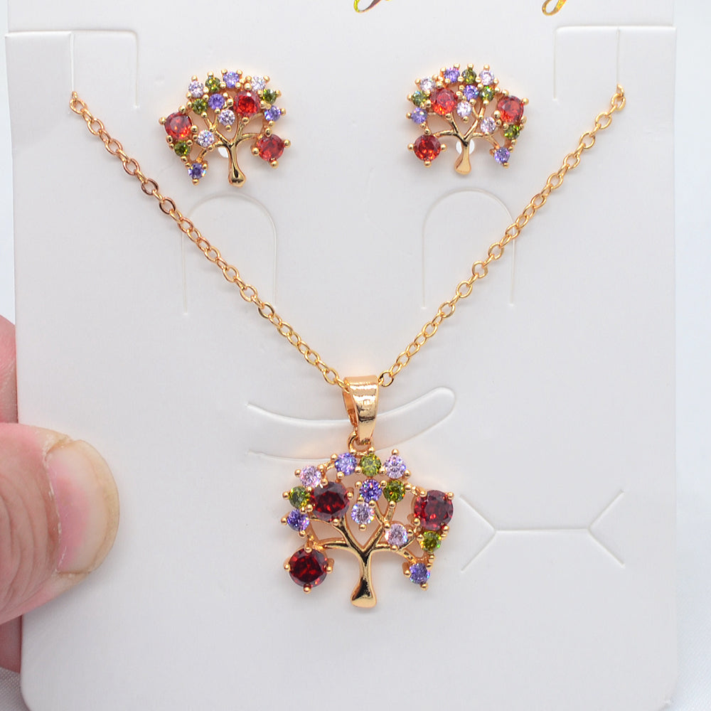 Wholesale Gold Plated Women Multicolor Zircon CZ Tree Jewelry Set