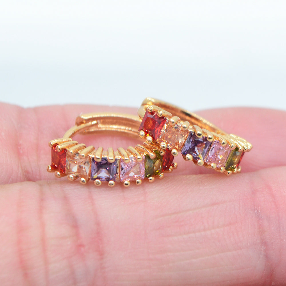 Wholesale Gold Plated Women Multicolor Rainbow Zircon CZ Hoop Huggie Earrings Jewelry