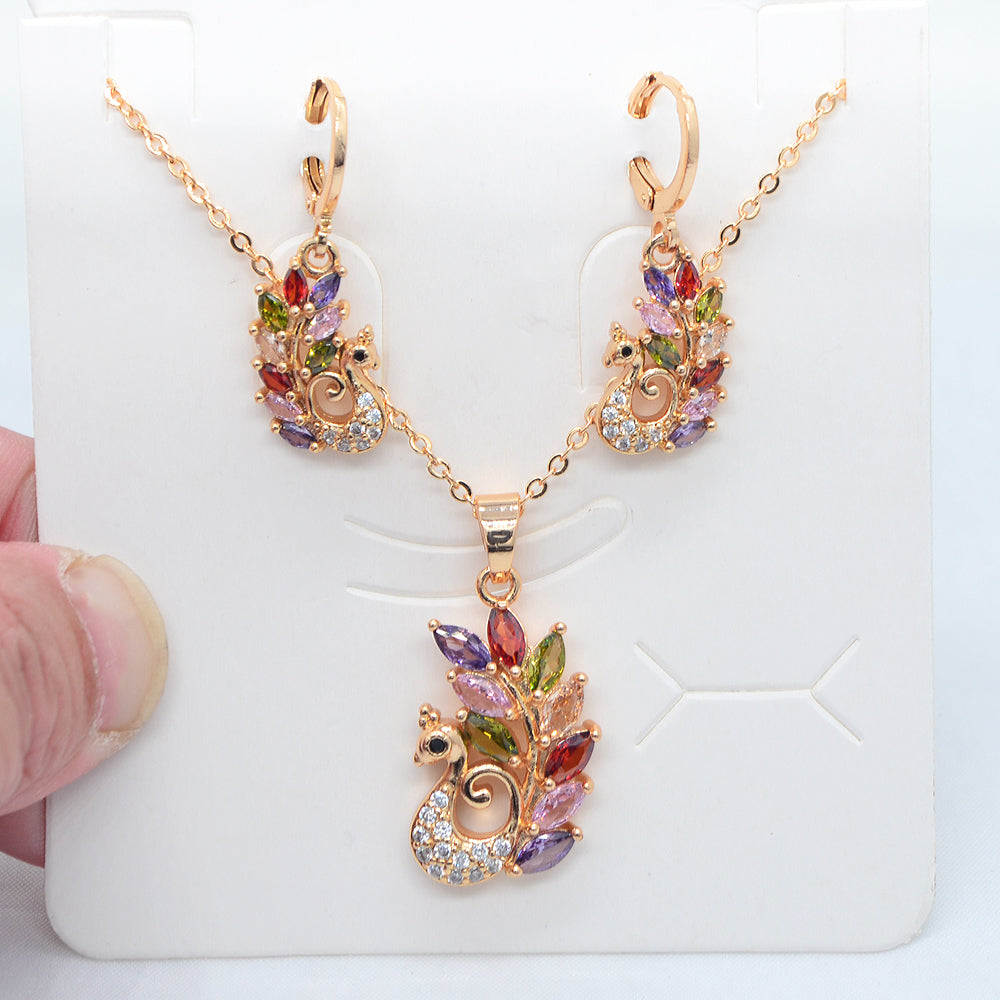 Wholesale Gold Plated Women Multicolor Zircon CZ Dancing Peacock Jewelry Set
