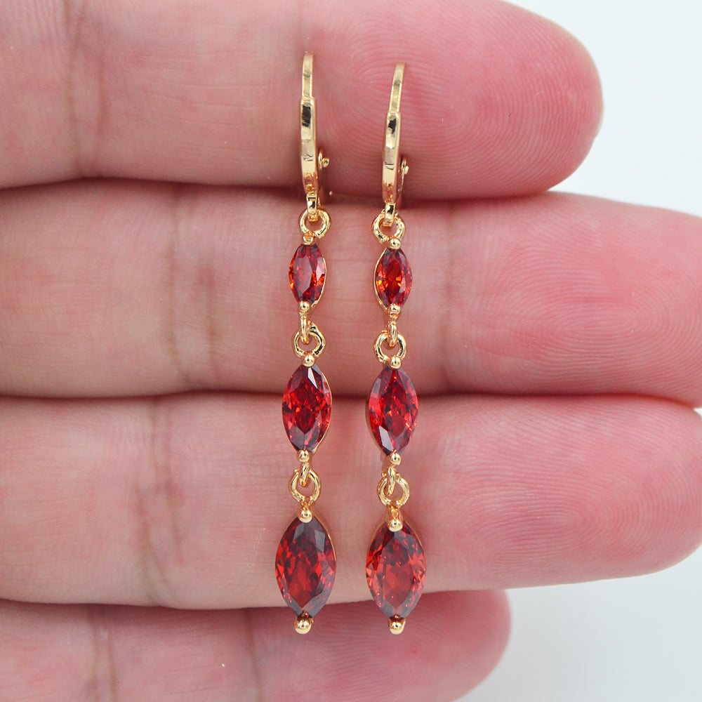 Wholesale Gold Plated Women Red Cubic Zirconia CZ Slim Dangle Earrings Jewelry