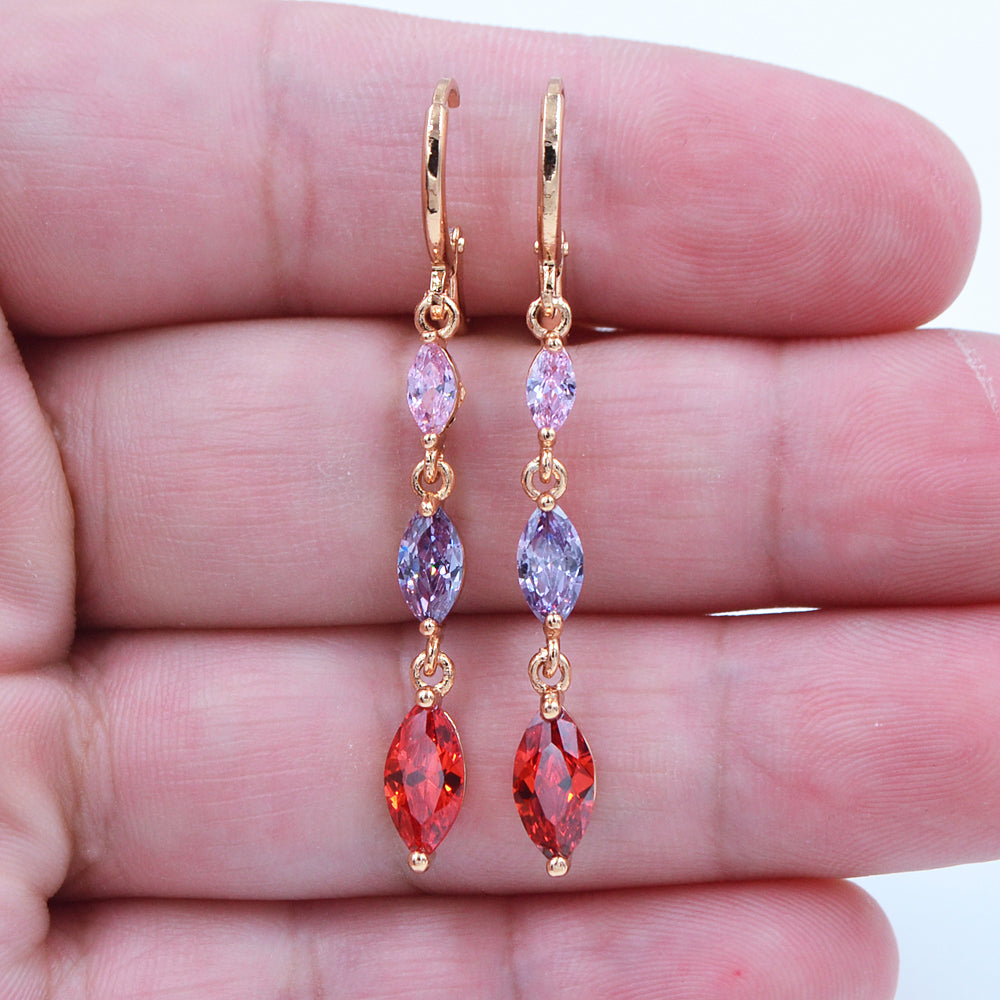 Wholesale Gold Plated Women Red Cubic Zirconia CZ Slim Dangle Earrings Jewelry
