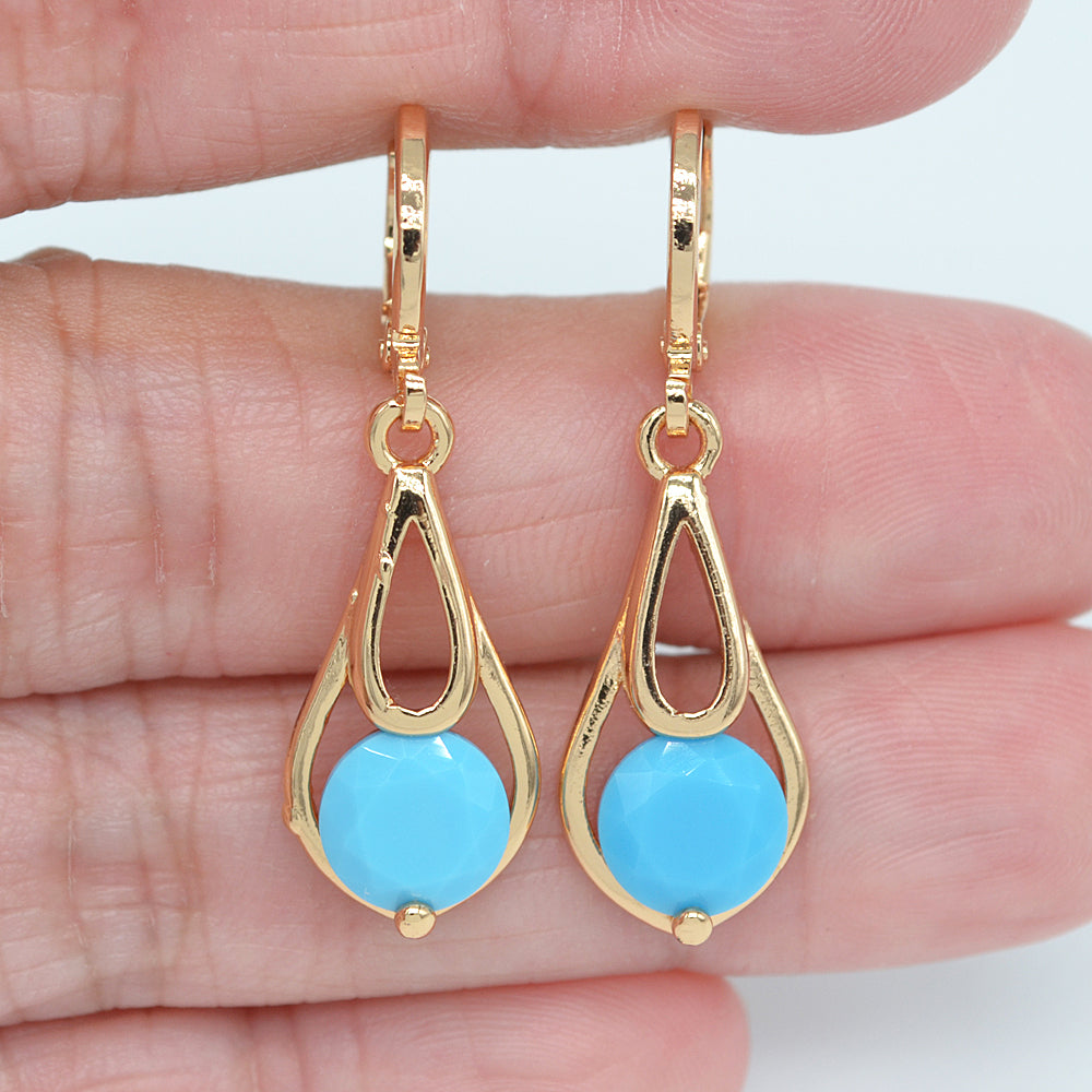 Wholesale Gold Plated Women Lake Blue Zircon CZ Teardrop Dangle Earrings Jewelry