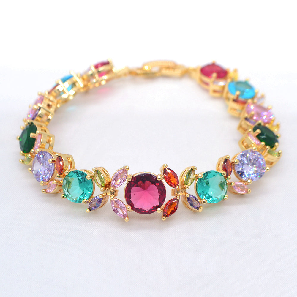 Wholesale Gold Plated Women Luxury Multicolor Zircon Flower Charm Bracelet Jewelry