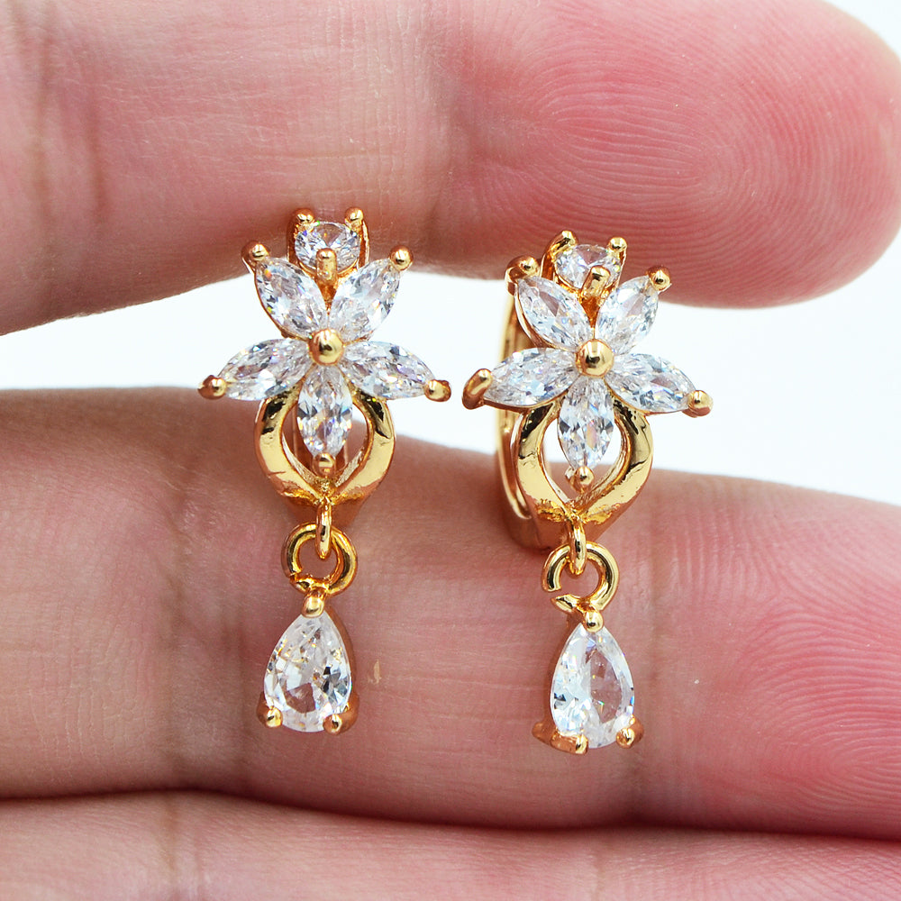 Wholesale Gold Plated Women Clear Zircon CZ Flower Dangle Huggie Earrings Jewelry