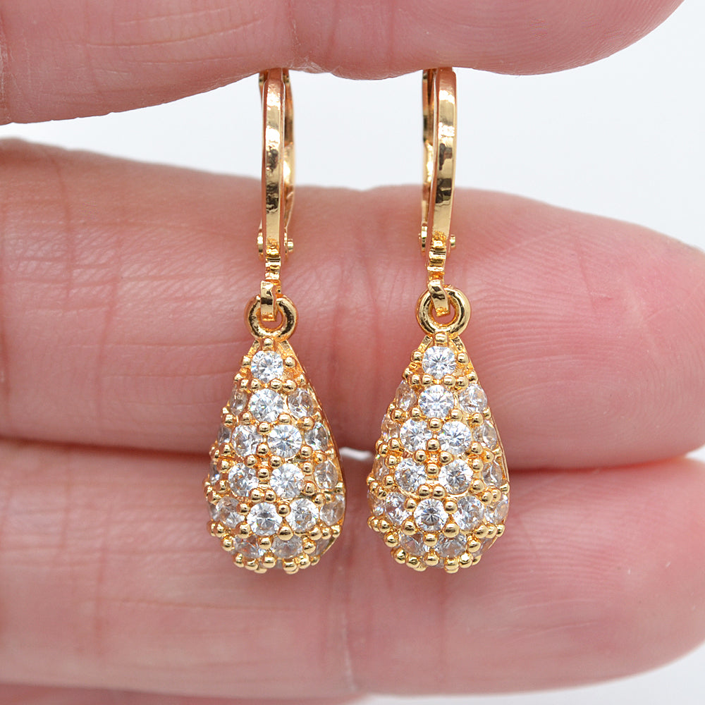 Wholesale Gold Plated Women Clear Zircon CZ Fashion Teardrop Dangle Earrings Jewelry