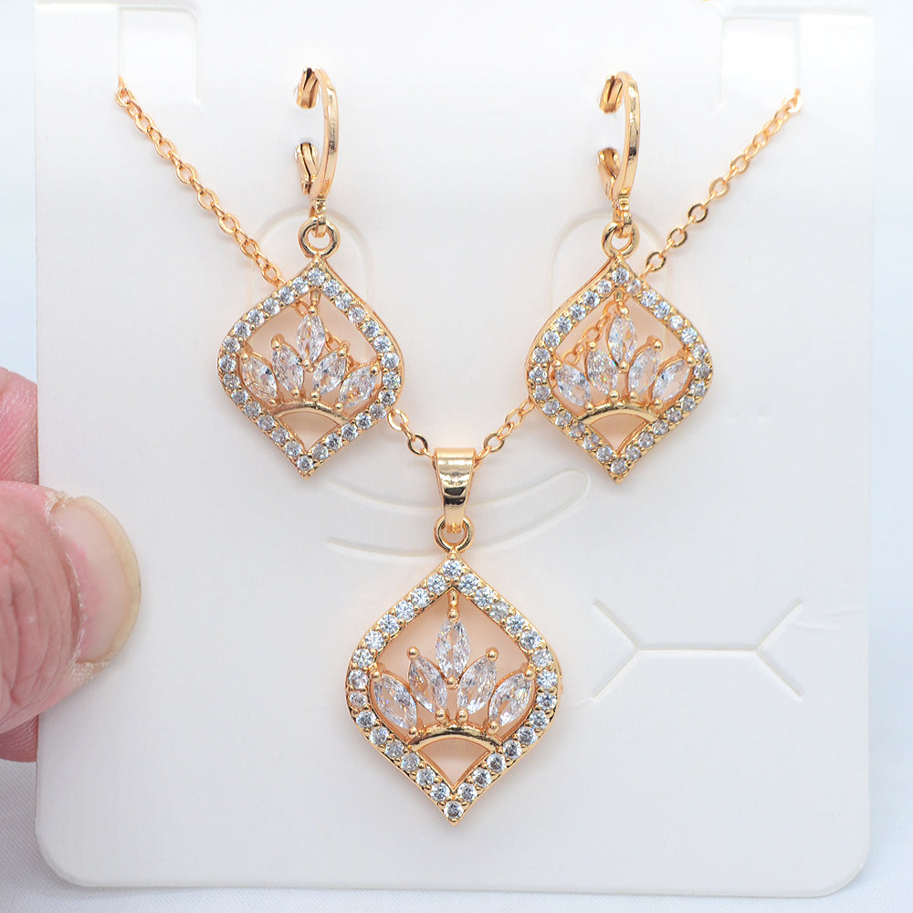 Wholesale Gold Plated Women Multicolor Zircon CZ Flower Engagement Jewelry Set