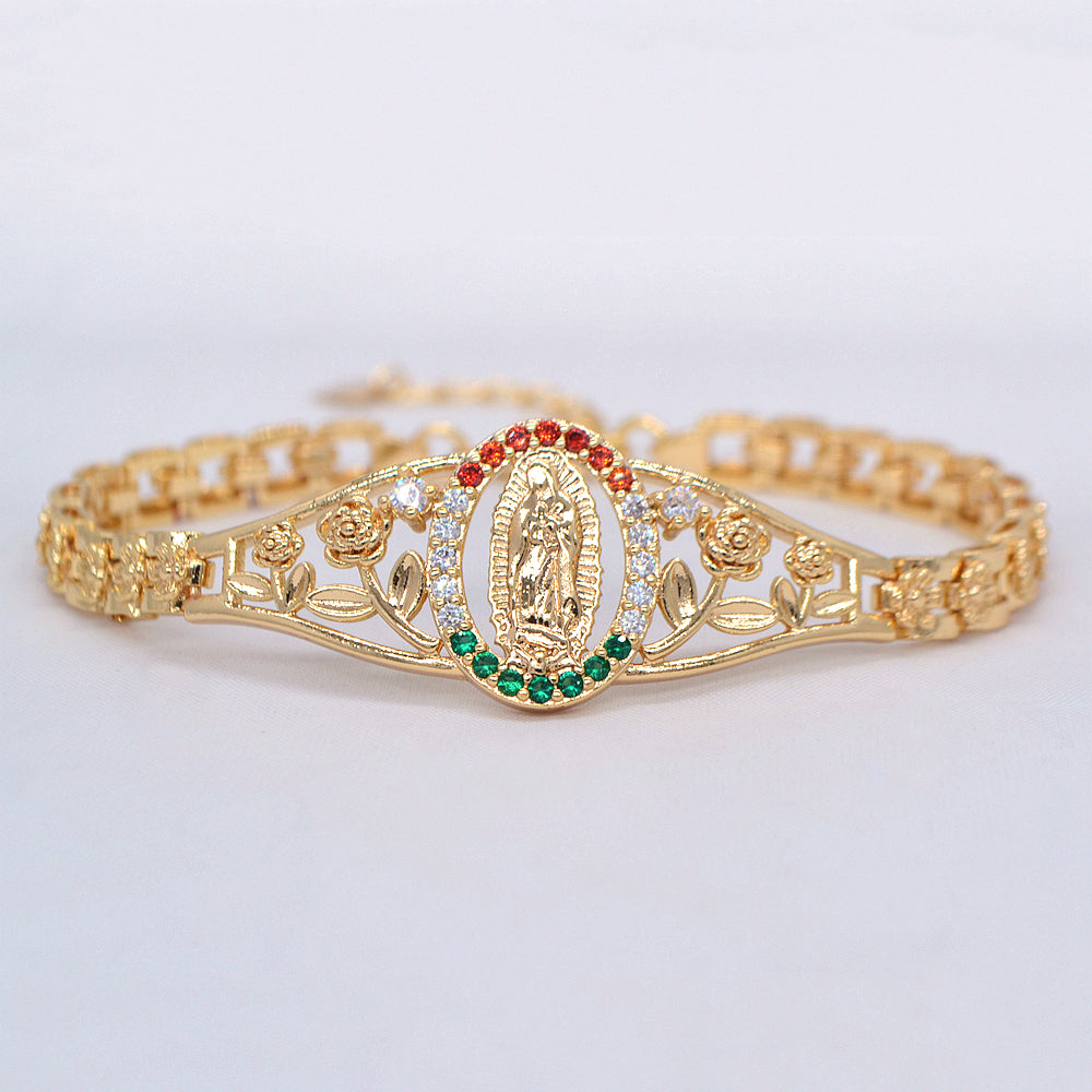 Wholesale Gold Plated Women Multicolor Zircon CZ Catholic Virgin Mary Charm Bracelet Jewelry