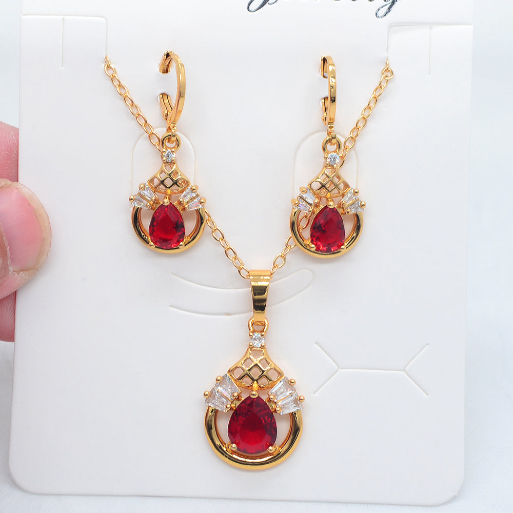 Wholesale Gold Plated Women Green Zircon CZ Water Drop Jewelry Set