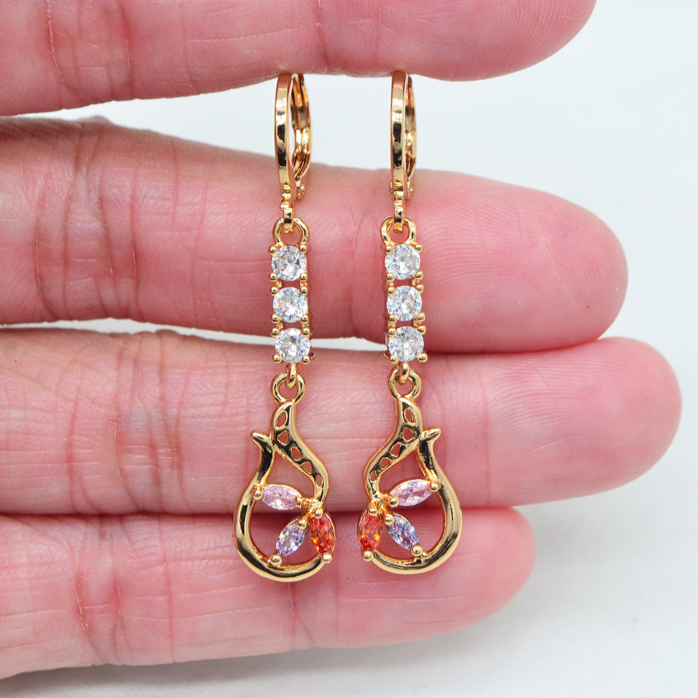 Wholesale Gold Plated Women Multicolor CZ Symmetric Flower Dangle Earrings Jewelry