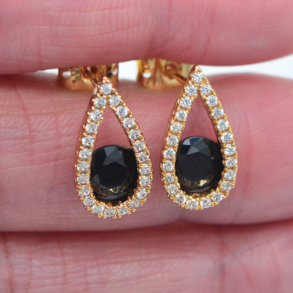 Wholesale Gold Plated Women Fashion Black Zircon CZ Teardrop Stud Earrings Jewelry