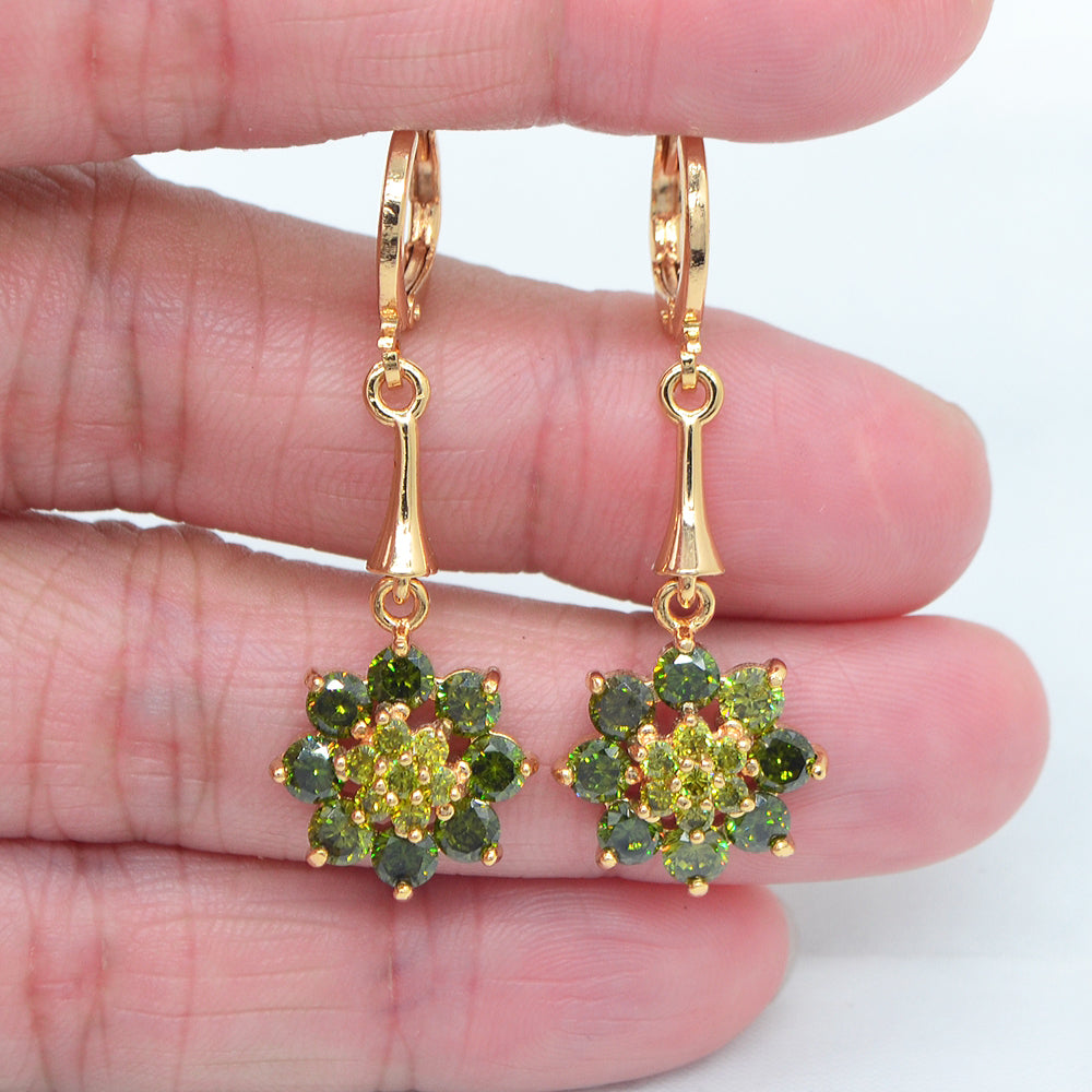 Wholesale Gold Plated Women Green Zircon CZ Blossom Flower Dangle Earring Jewelry