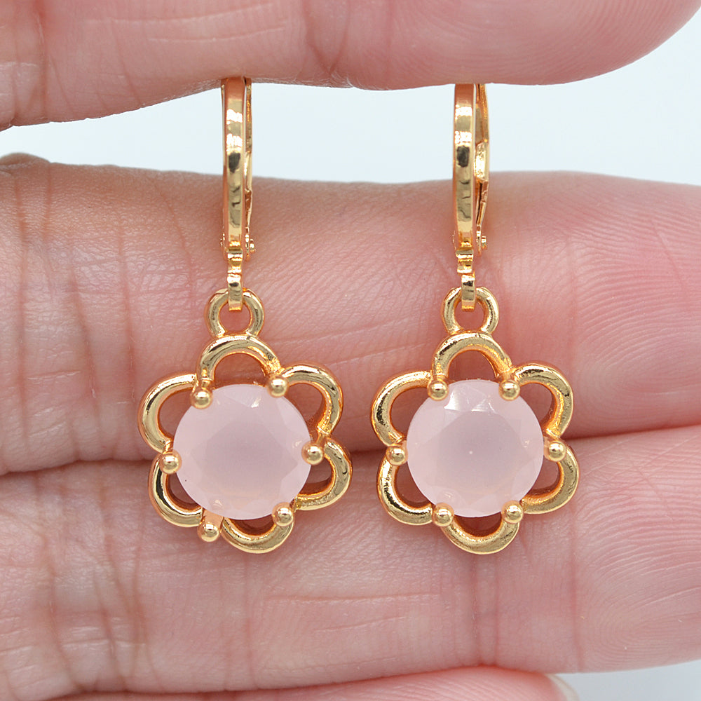 Wholesale Gold Plated Women Jade Pink Zircon CZ Flower Dangle Earrings Jewelry