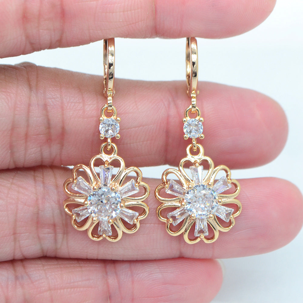 Wholesale Gold Plated Women Purple Zircon CZ Lace Flower Dangle Earring Jewelry