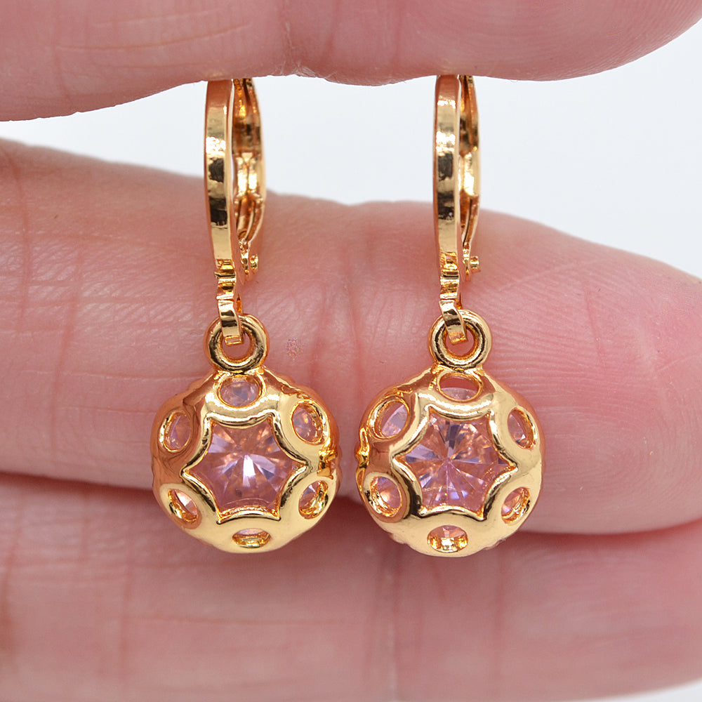 Wholesale Gold Plated Women Red Zircon CZ Hollow Round Dangle Earrings Jewelry