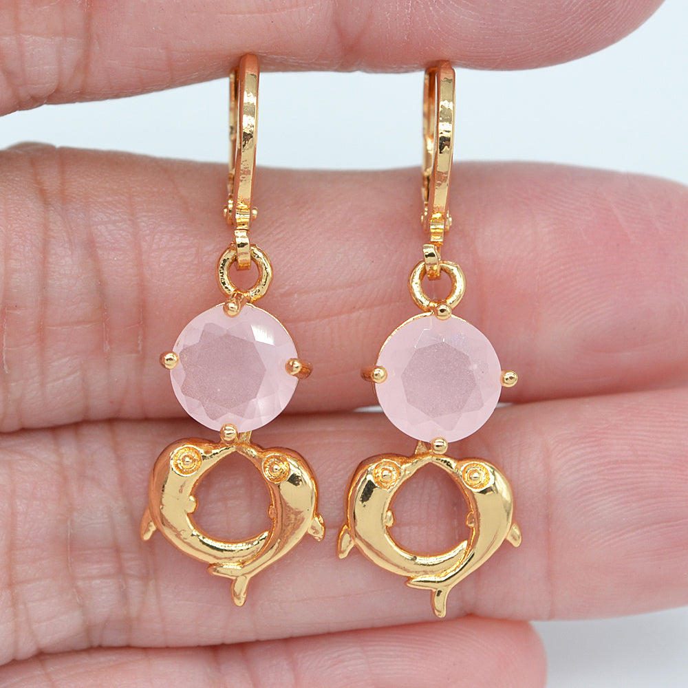 Wholesale Gold Plated Women Red Zircon CZ Dolphins Dangle Earrings Jewelry