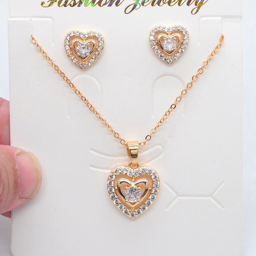 Wholesale Gold Plated Women Red Zircon CZ Love Heart Jewelry Set