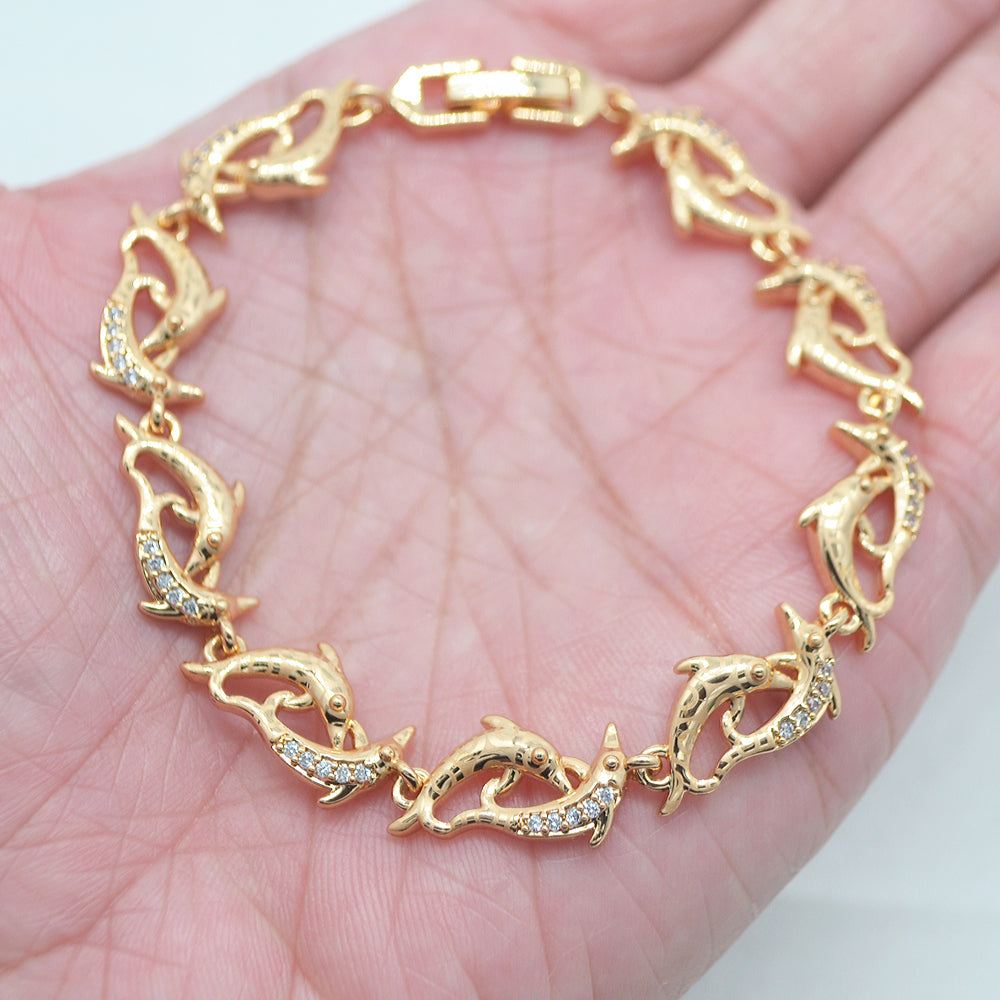 Wholesale Gold Plated Women Clear Zircon CZ Fashion Dolphins Link Bracelet Jewelry