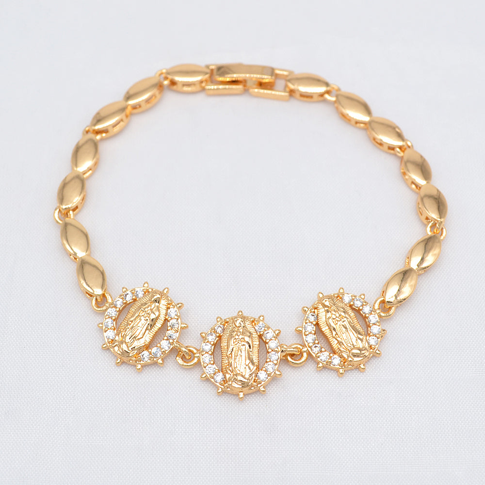 Wholesale Gold Plated Women Clear Zircon CZ Catholic Virgin Mary Charms Bracelet Jewelry