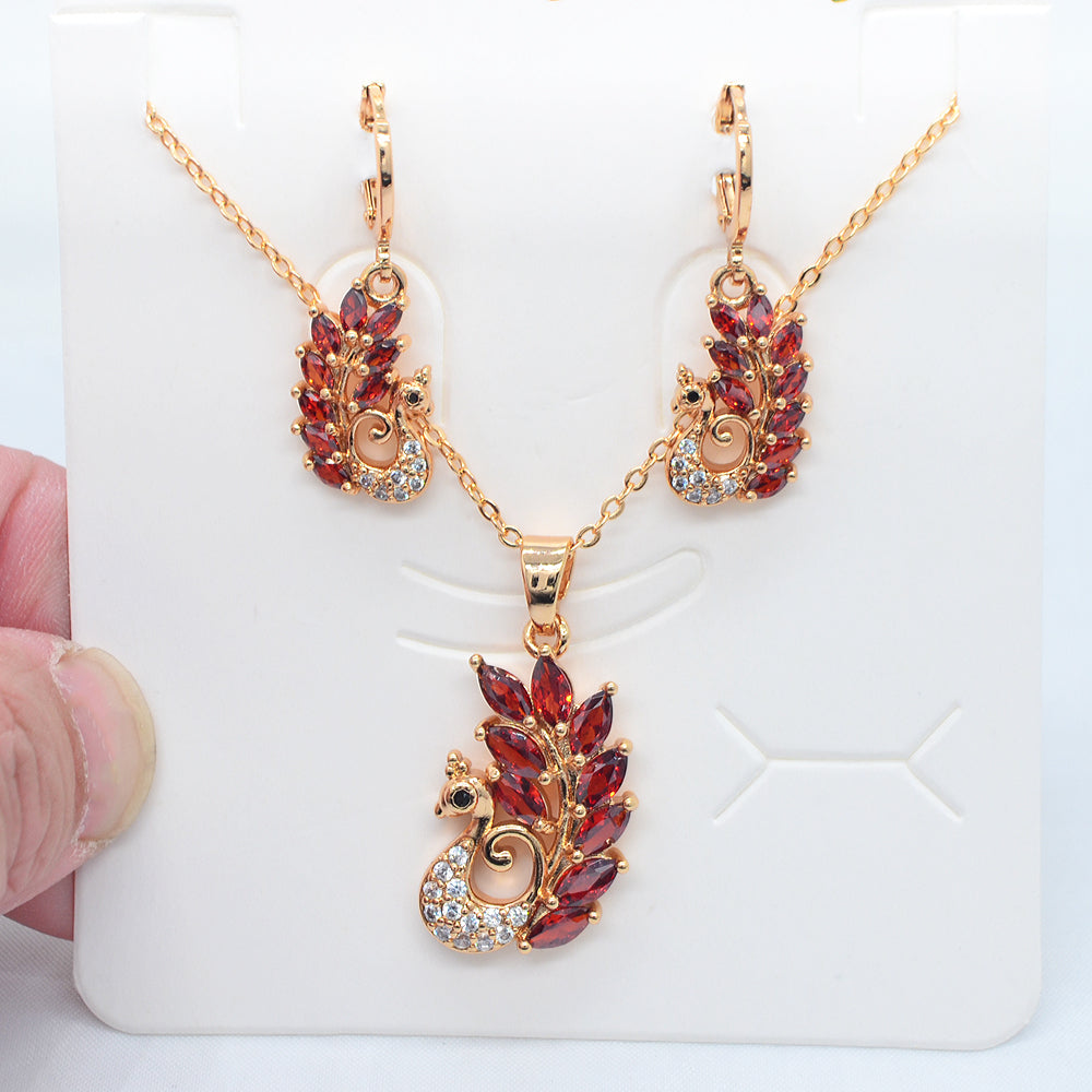 Wholesale Gold Plated Women Multicolor Zircon CZ Dancing Peacock Jewelry Set