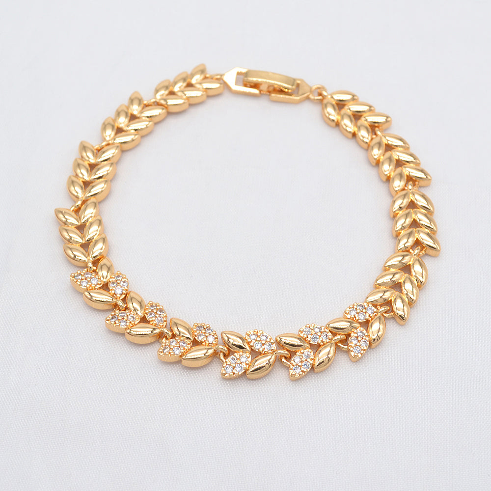 Wholesale Gold Plated Women Clear Zircon CZ Fashion Leaf Leaves Bracelet Jewelry