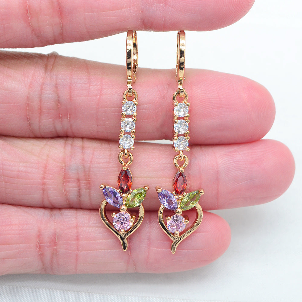Wholesale Gold Plated Women Rainbow Zircon CZ Long Flower Dangle Earrings Jewelry