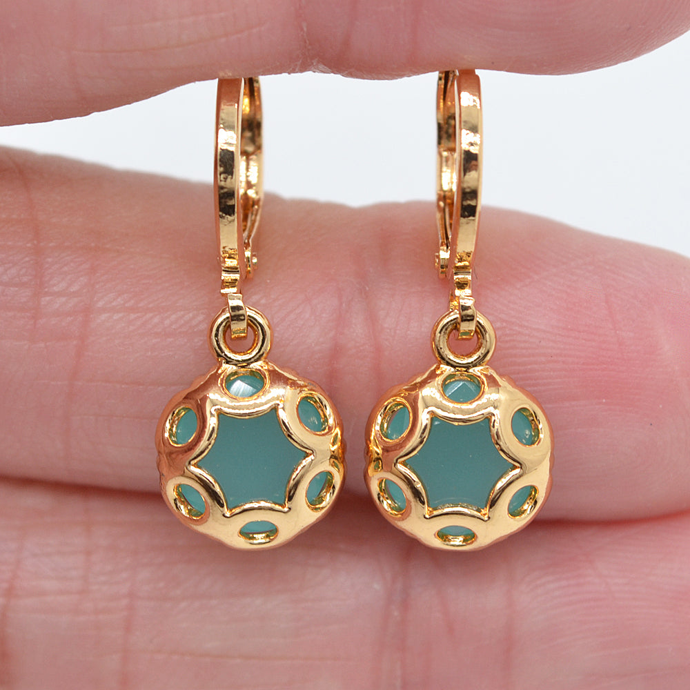 Wholesale Gold Plated Women Red Zircon CZ Hollow Round Dangle Earrings Jewelry