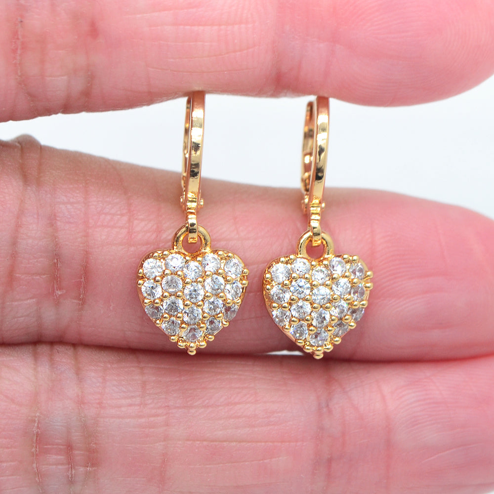 Wholesale Gold Plated Women Clear Zircon CZ Cute Heart Dangle Earrings Jewelry