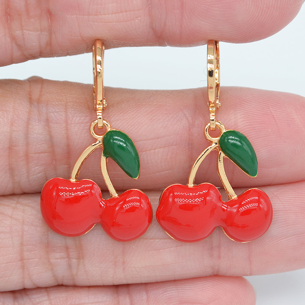 Wholesale Gold Plated Women Geen Red Enamel Fruit Cherry Dangle Earrings Jewelry