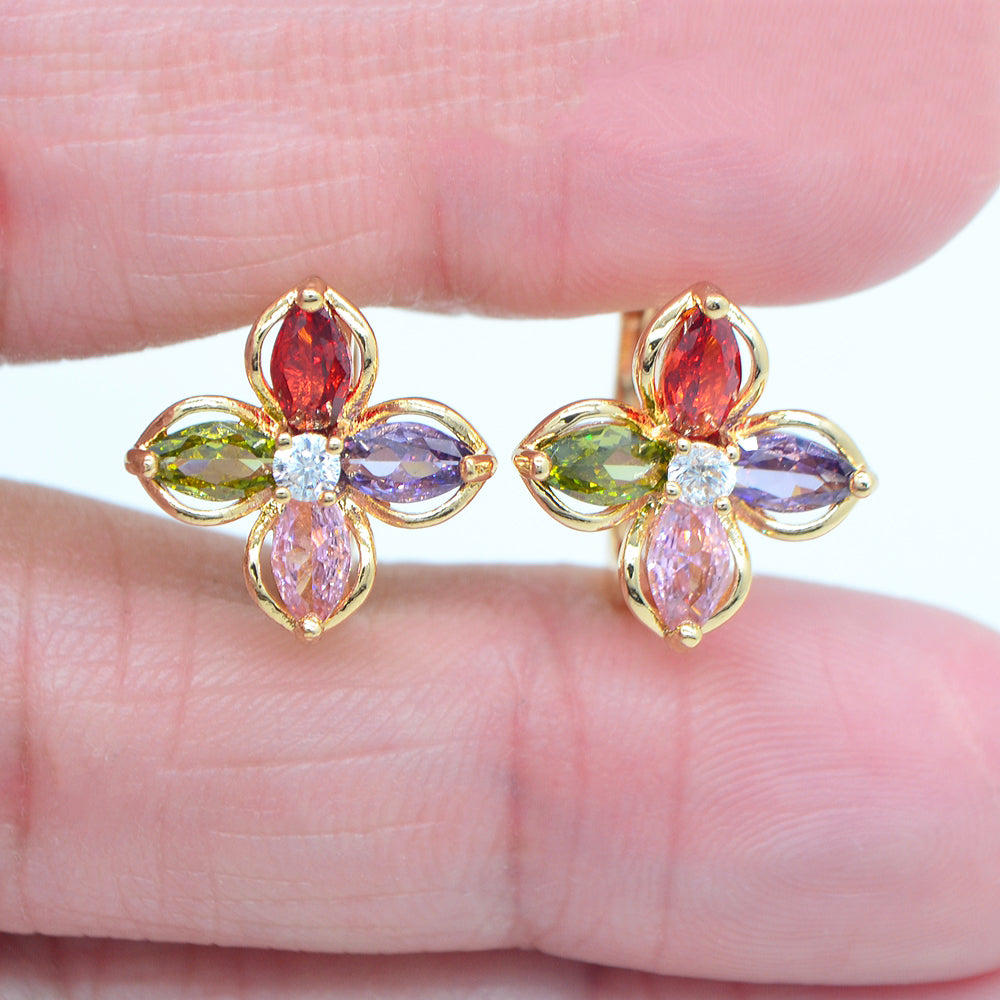 Wholesale Gold Plated Women Multicolor Zircon CZ Flower Huggie Earrings Jewelry