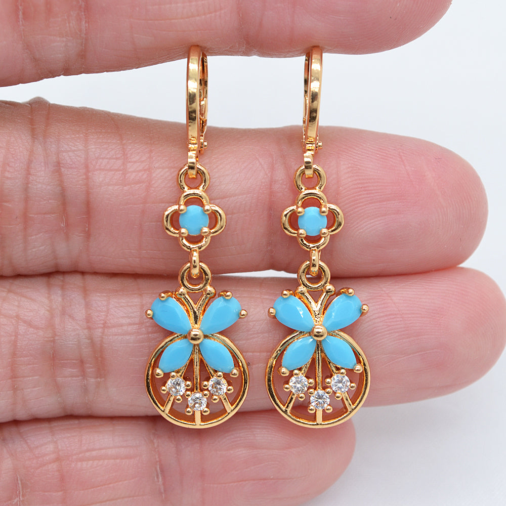 Wholesale Gold Plated Women Lake Blue Zircon CZ Flower Dangle Earrings Jewelry