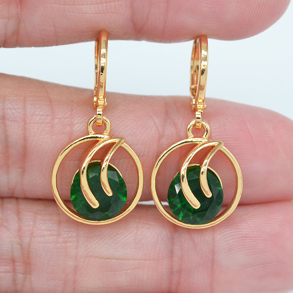 Wholesale Gold Plated Women Jade Pink Zircon CZ Round Dangle Earrings Jewelry