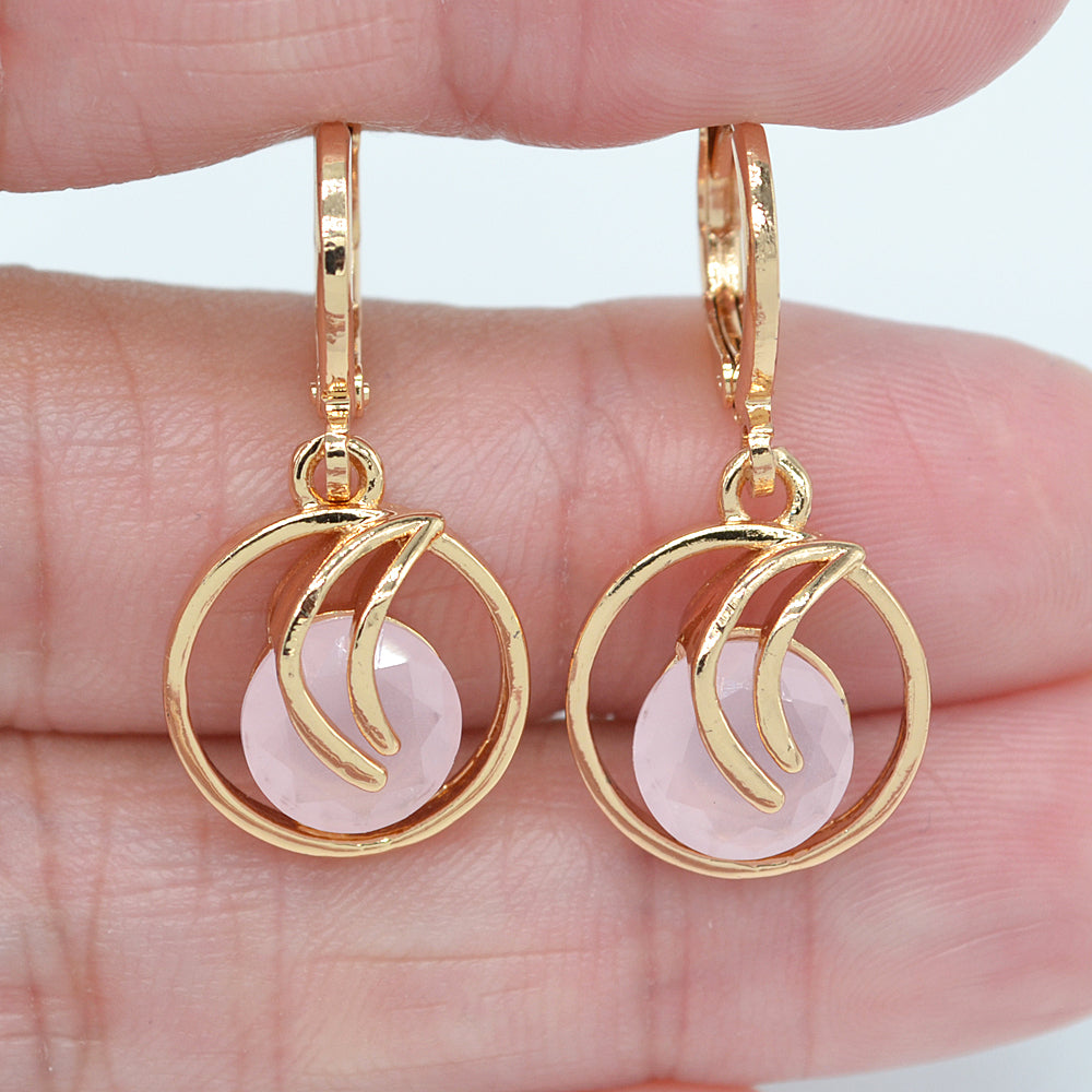 Wholesale Gold Plated Women Jade Pink Zircon CZ Round Dangle Earrings Jewelry