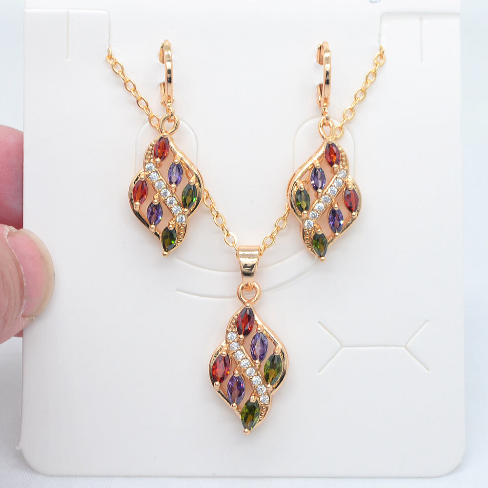 Wholesale Gold Plated Women Fashion Multicolor Zircon CZ Leaf Jewelry Set