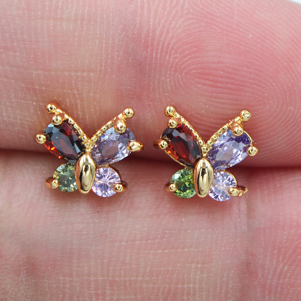 Wholesale Gold Plated Women Multicolor Zircon CZ Vivid Butterfly Stud Earrings Jewelry