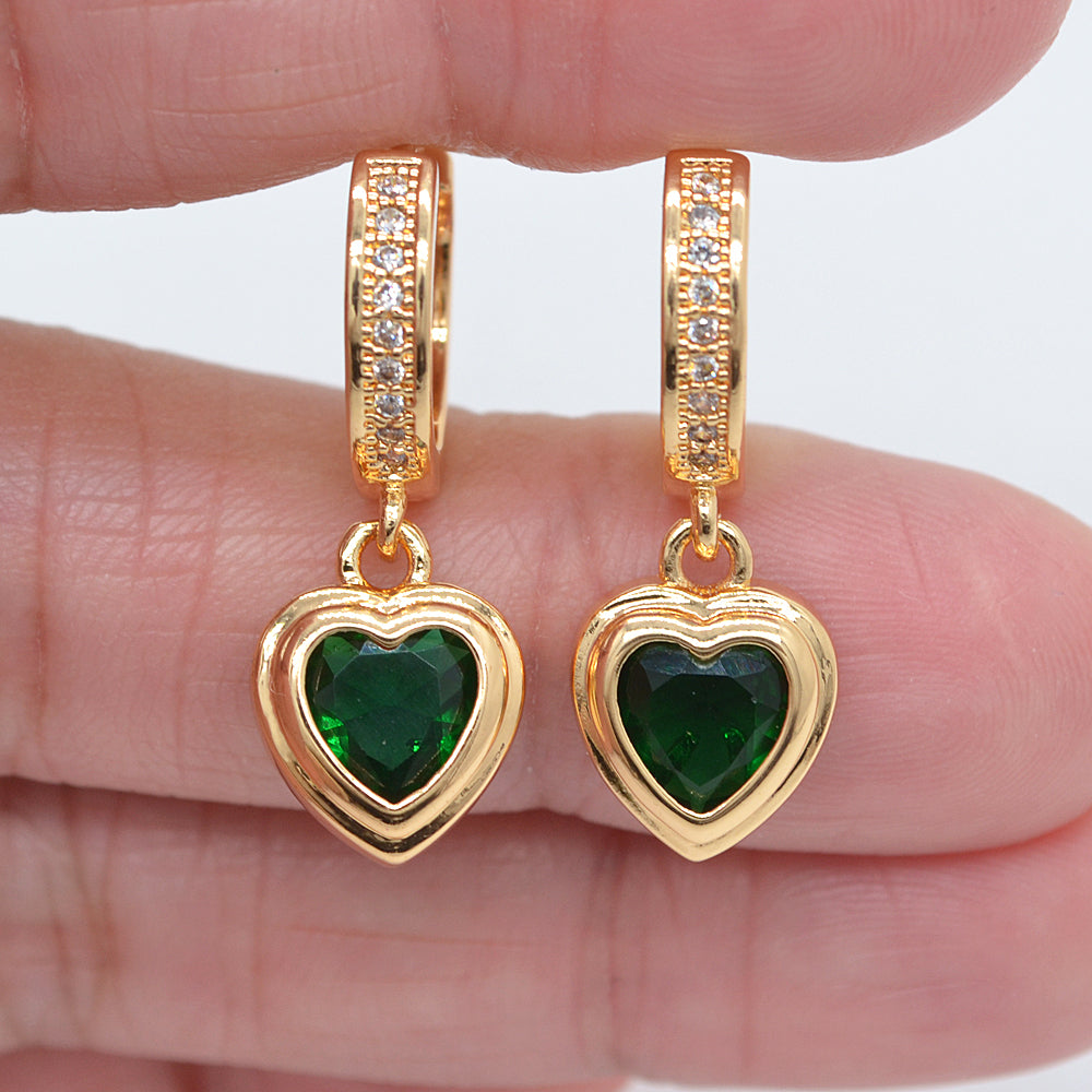Wholesale Gold Plated Women Green Zircon CZ Heart Dangle Huggie Earrings Jewelry