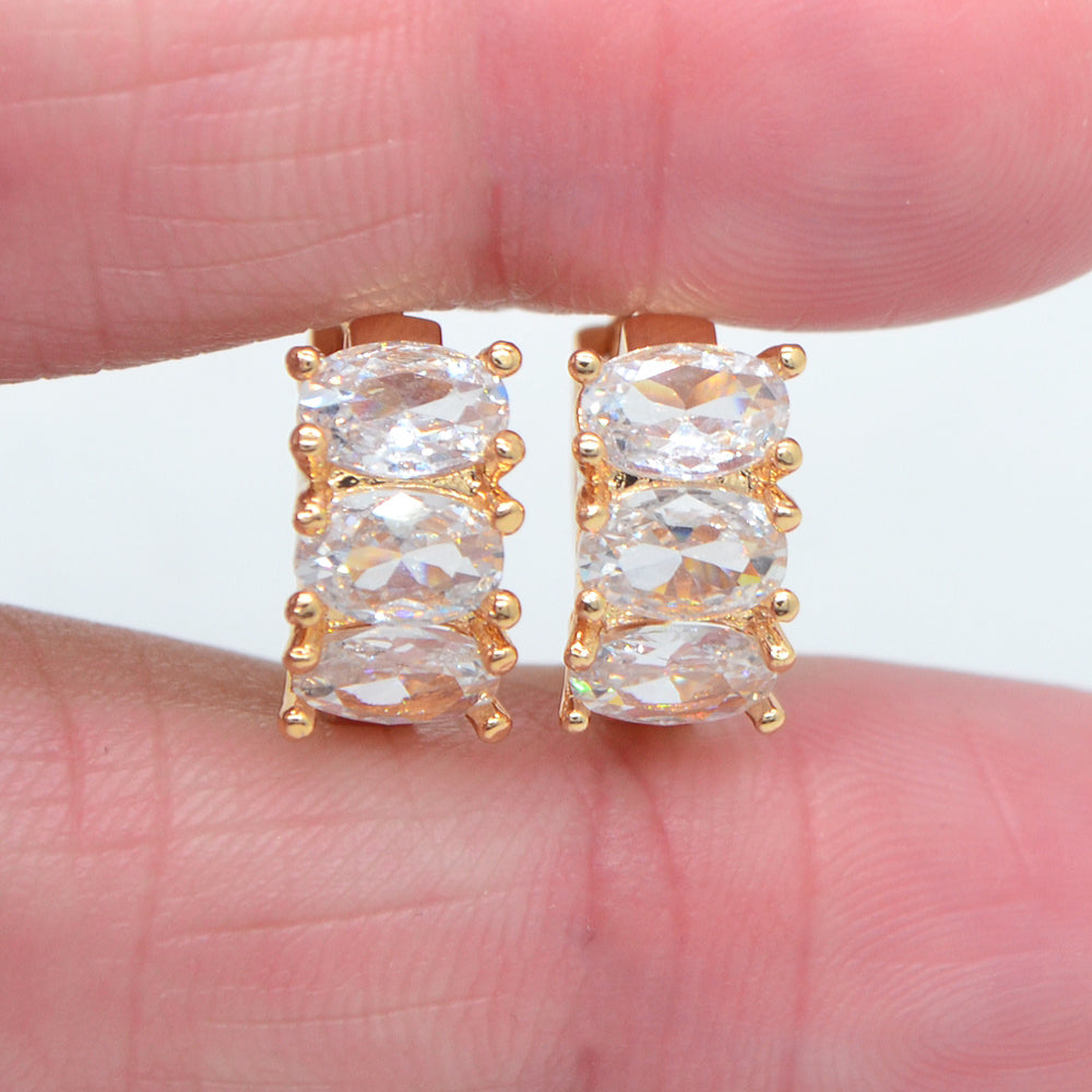 Wholesale Gold Plated Women Rainbow Triple Oval Zircon CZ Hoop Huggie Earrings Jewelry