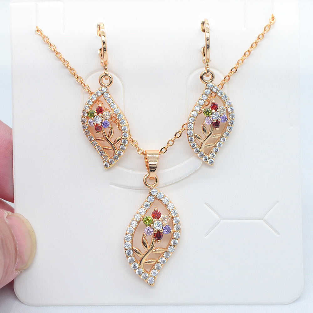 Wholesale Gold Plated Women Fashion Multicolor Zircon CZ Flower Leaf Jewelry Set
