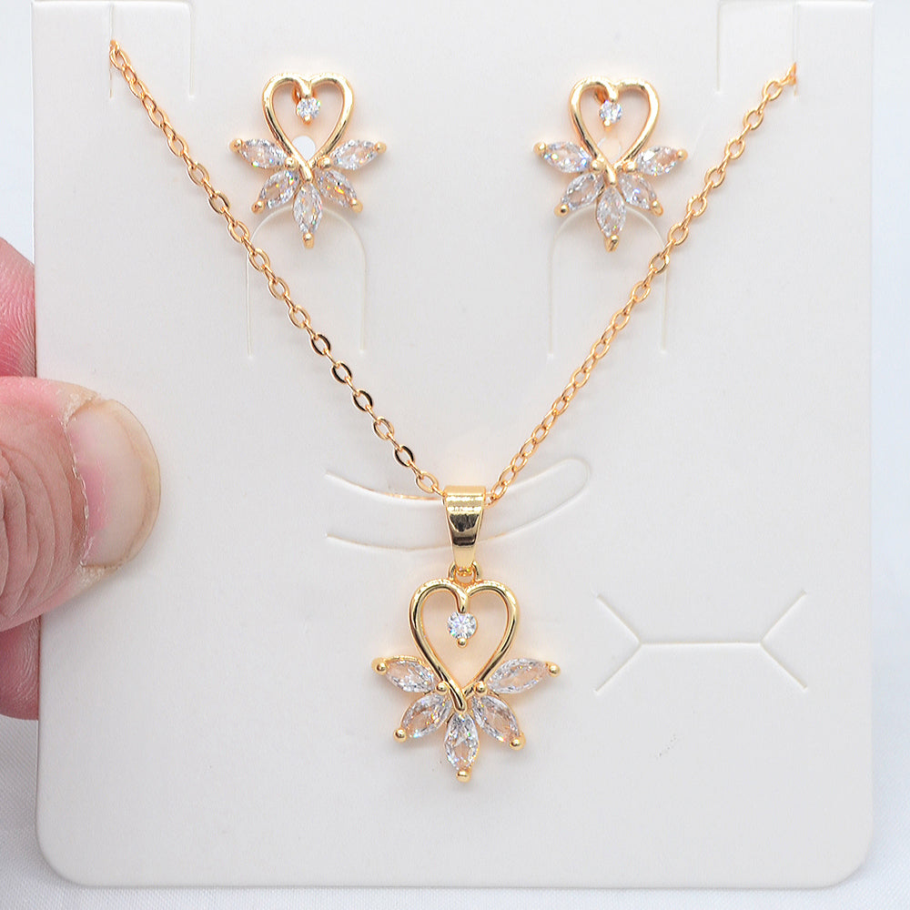 Wholesale Gold Plated Women Multicolor Zircon CZ Heart Flower Jewelry Set