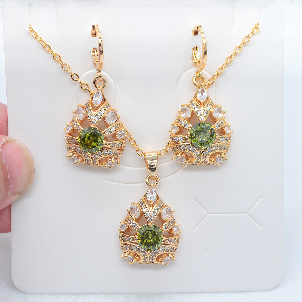 Wholesale Gold Plated Women Fashion Green Zircon CZ Water Drop Jewelry Set