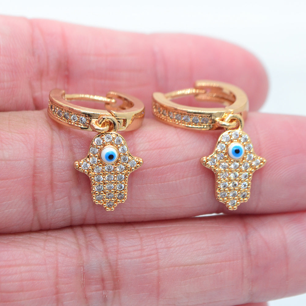 Wholesale Gold Plated Women Clear Zircon CZ Hamsa Hand Dangle Huggie Earrings Jewelry