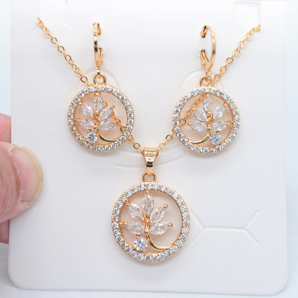Wholesale Gold Plated Women Fashion Red Zircon CZ Round Flower Wedding Jewelry Set