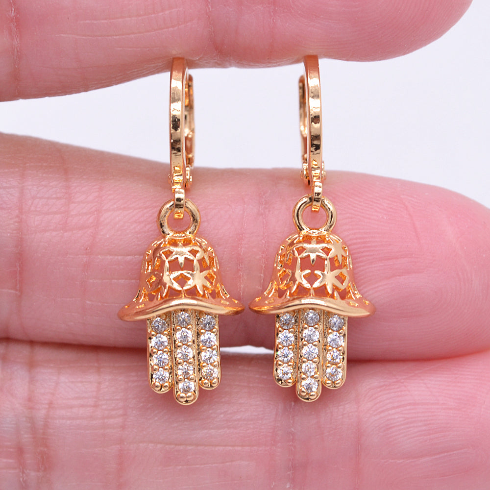 Wholesale Gold Plated Women Clear Zircon CZ Hamsa Hand Dangle Earrings Jewelry
