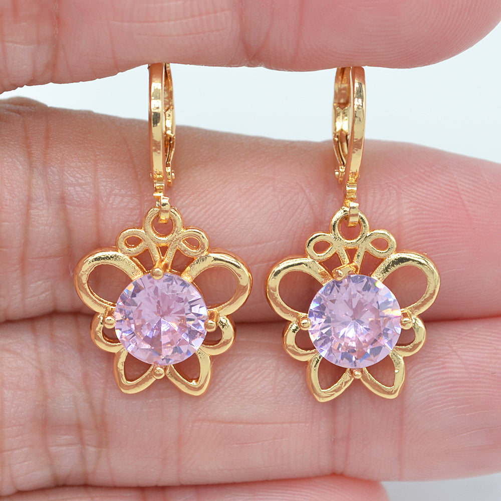 Wholesale Gold Plated Women Green Zircon CZ Fancy Flower Dangle Earrings Jewelry