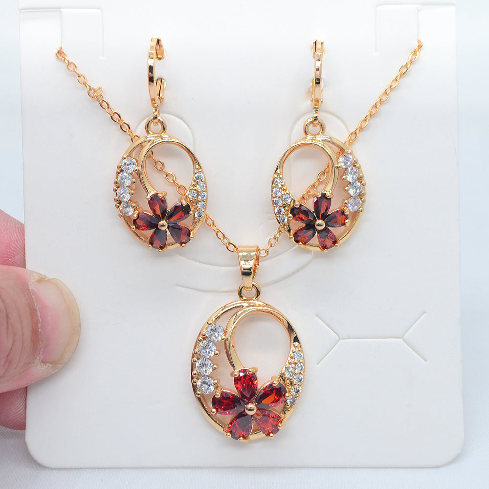 Wholesale Gold Plated Women Fashion Multicolor Zircon CZ Oval Flower Jewelry Set