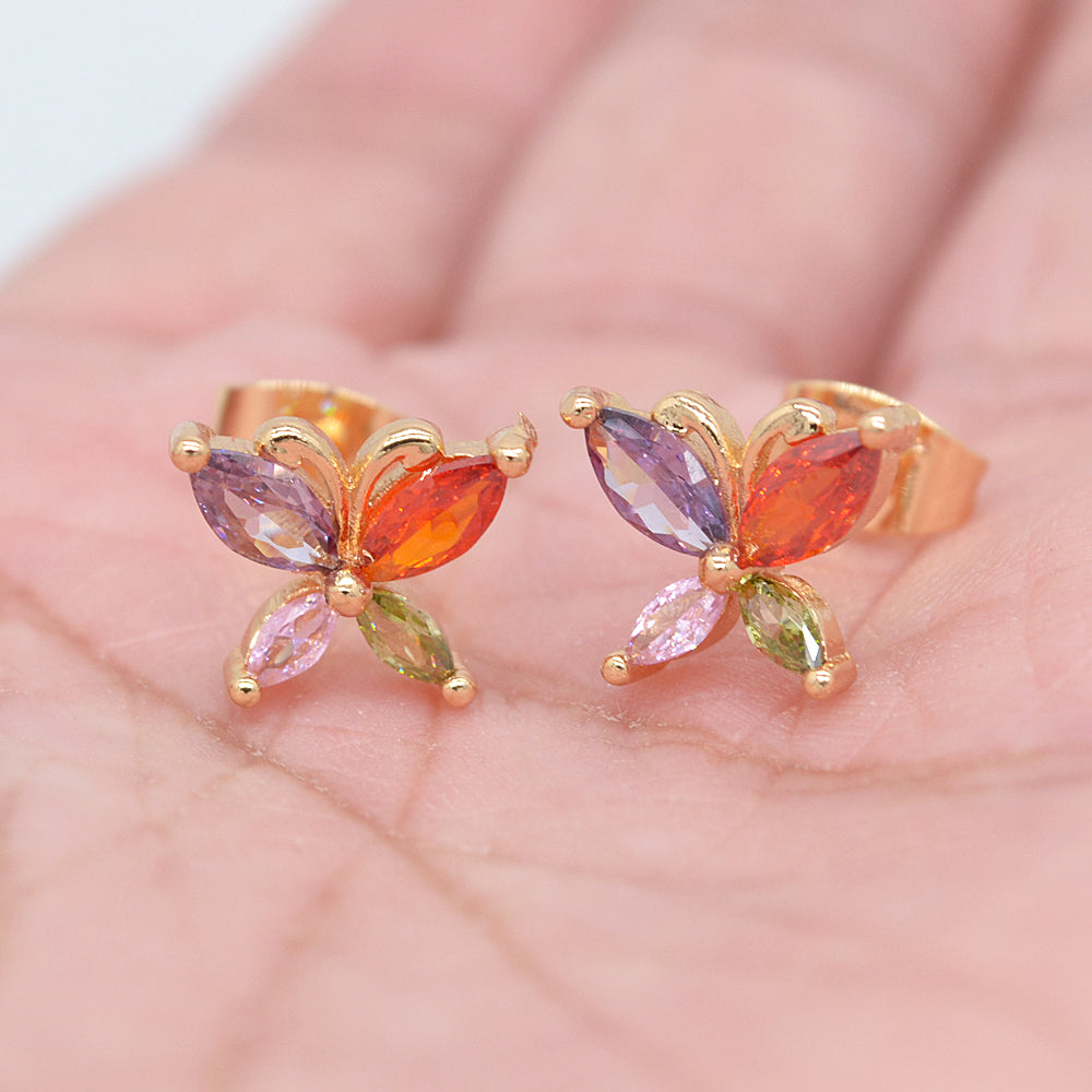 Wholesale Gold Plated Women Multicolor Zircon CZ Cute Butterfly Stud Earrings Jewelry