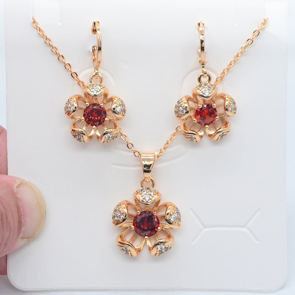Wholesale Gold Plated Women Fashion Red Zircon CZ Hollow Flower Jewelry Set
