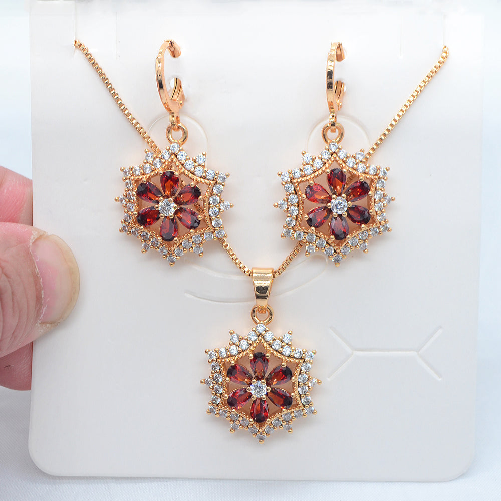 Wholesale Gold Plated Women Fashion Green CZ Zircon Flower Jewelry Set