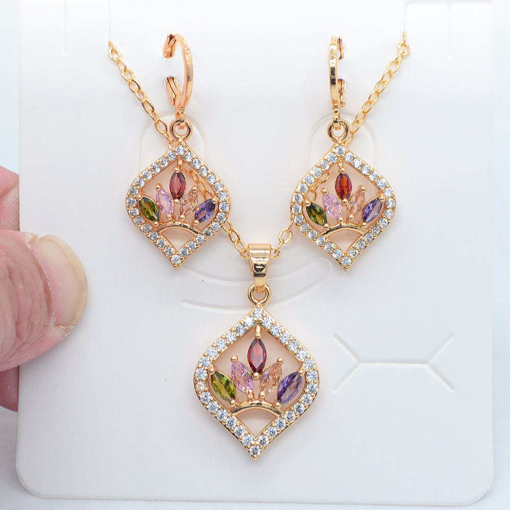Wholesale Gold Plated Women Multicolor Zircon CZ Flower Engagement Jewelry Set