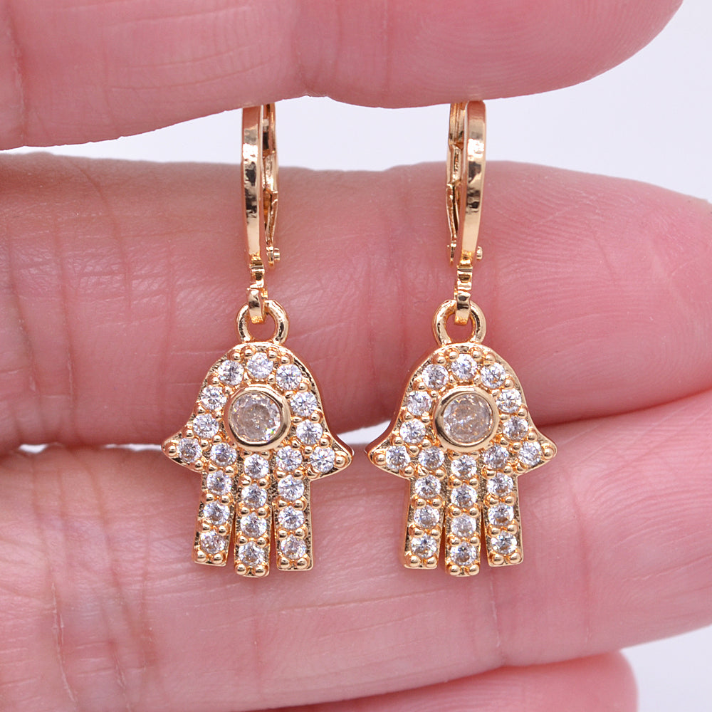 Wholesale Gold Plated Women Clear Zircon CZ Hamsa Hand Drop Earrings Jewelry