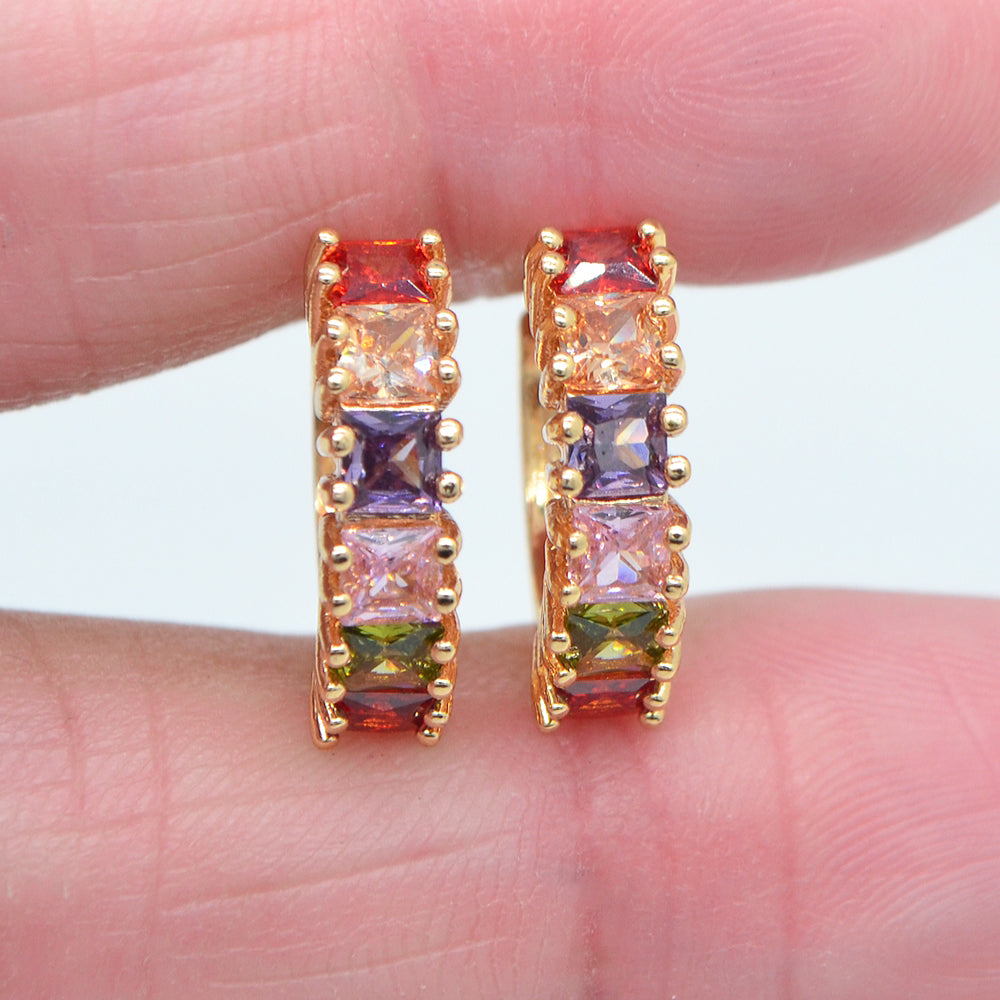 Wholesale Gold Plated Women Multicolor Rainbow Zircon CZ Hoop Huggie Earrings Jewelry